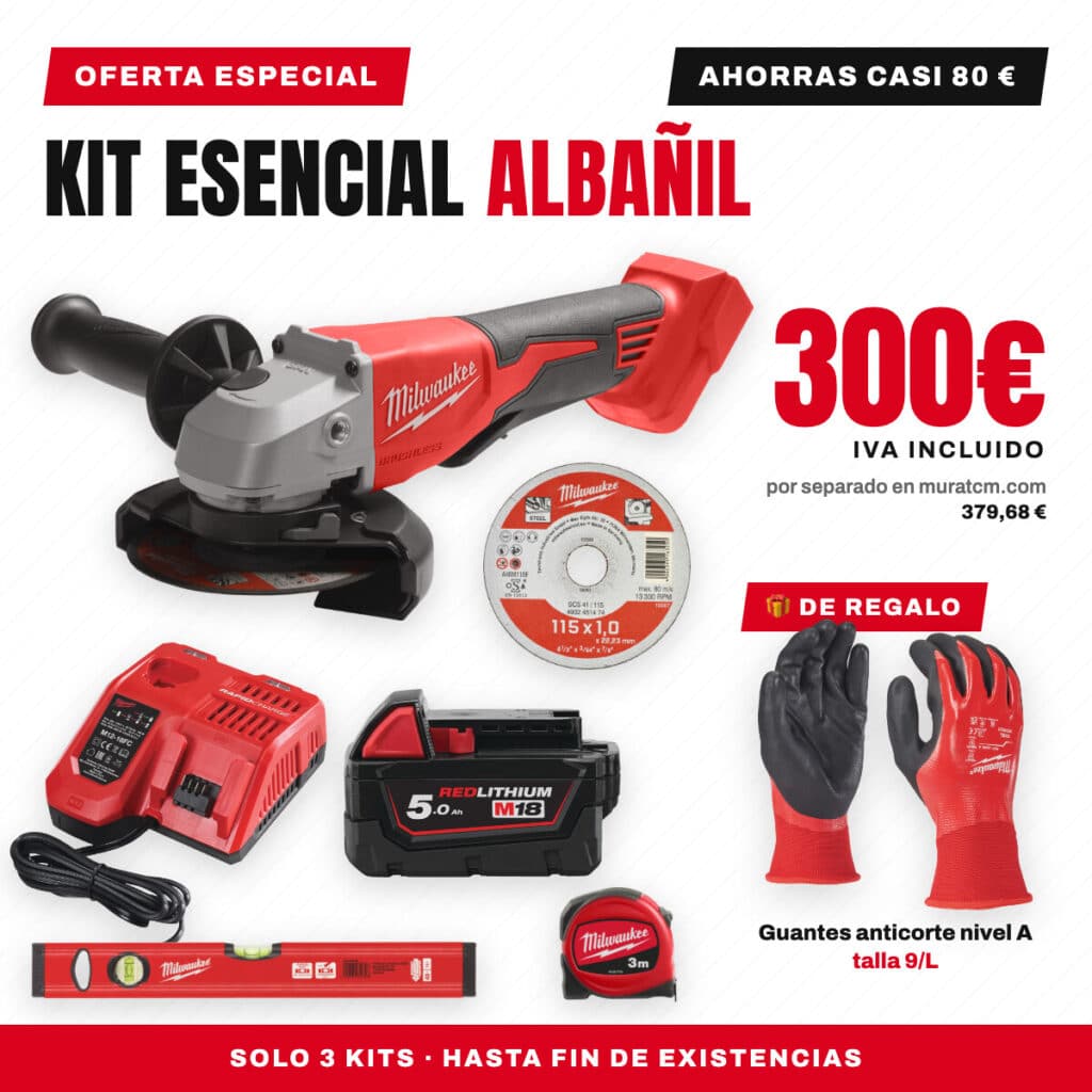 Kit Esencial Albañil Milwaukee M18: amoladora 115 mm, batería 5.0 Ah, cargador, 10 discos de corte, nivel Slim y flexómetro