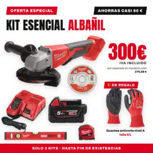 Kit Esencial Albañil Milwaukee M18: amoladora 115 mm, batería 5.0 Ah, cargador, 10 discos de corte, nivel Slim y flexómetro