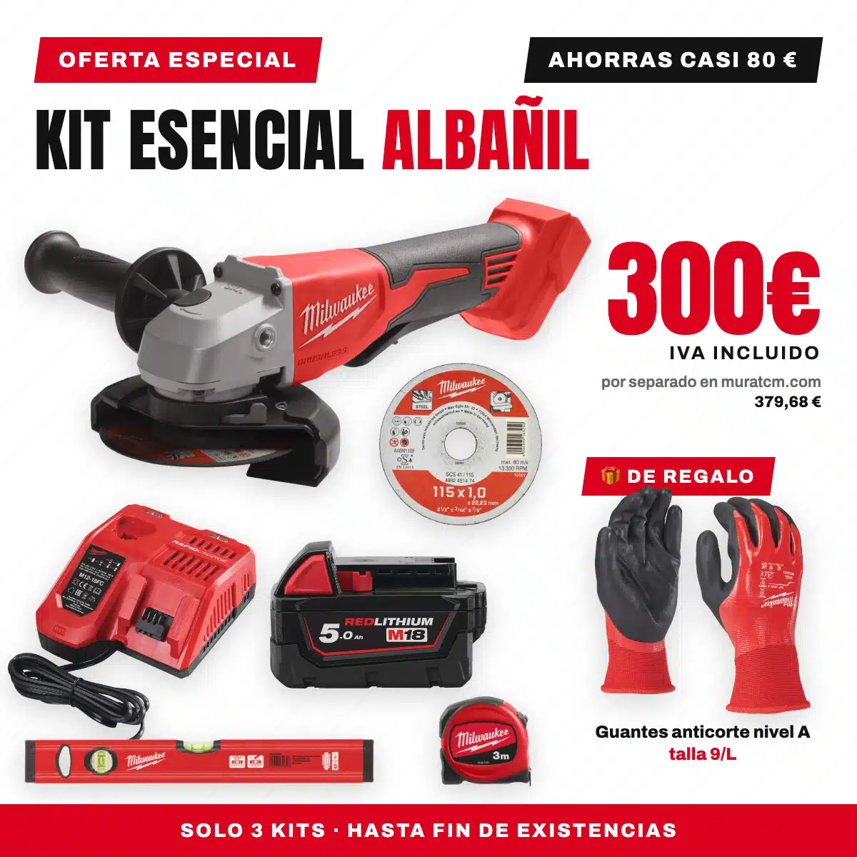 Kit Esencial Albañil Milwaukee M18™ 1 Kit Esencial Albañil Milwaukee M18: amoladora 115 mm, batería 5.0 Ah, cargador, 10 discos de corte, nivel Slim y flexómetro