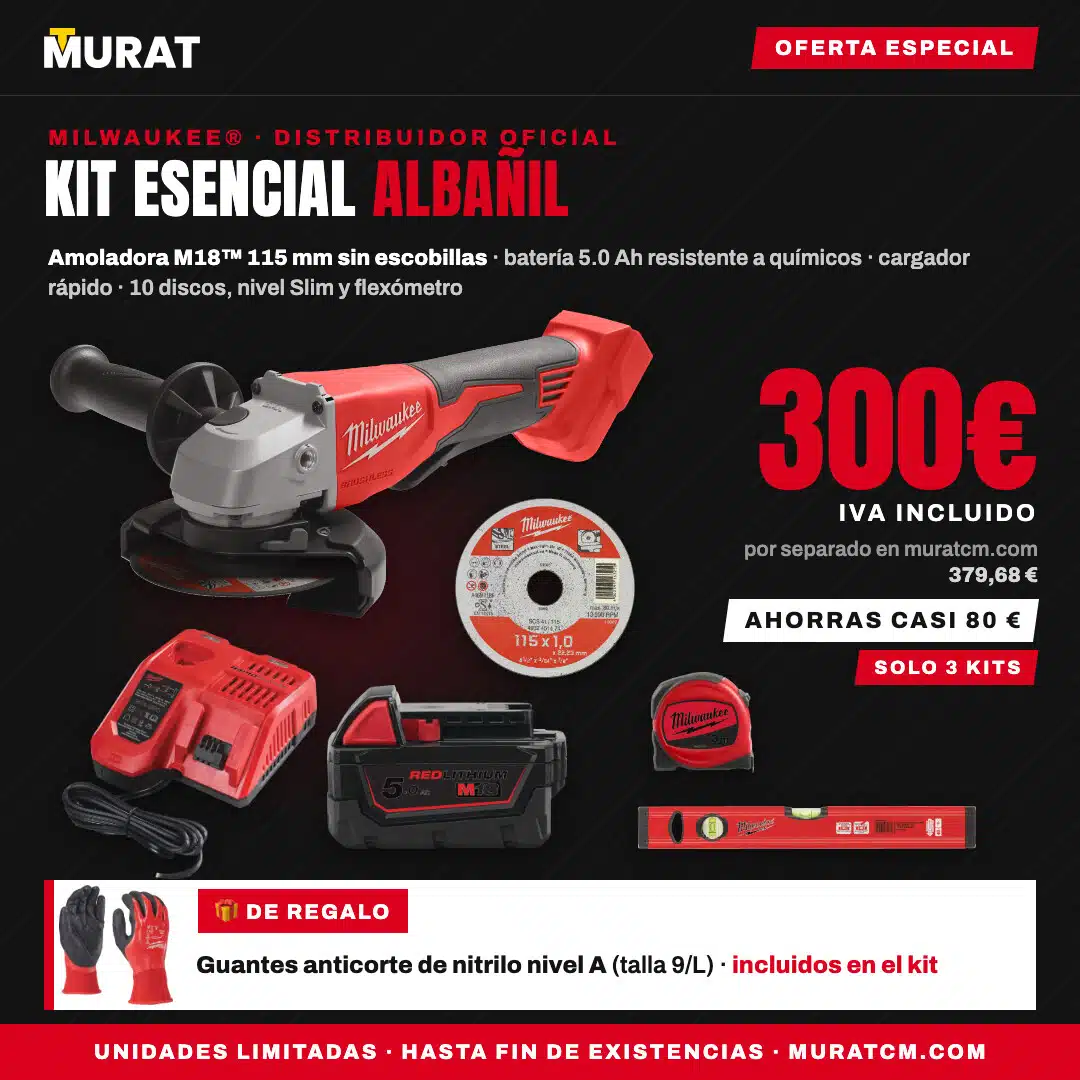 Kit Esencial Albañil Milwaukee M18™ 3 Oferta del Kit Esencial Albañil Milwaukee M18 en MURAT: 300 € IVA incluido con guantes anticorte de regalo, solo 3 kits