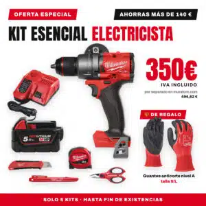 Kit Esencial Electricista Milwaukee M18 FUEL: taladro percutor, batería 5.0 Ah, cargador, tijeras, cutter, flexómetro y marcador