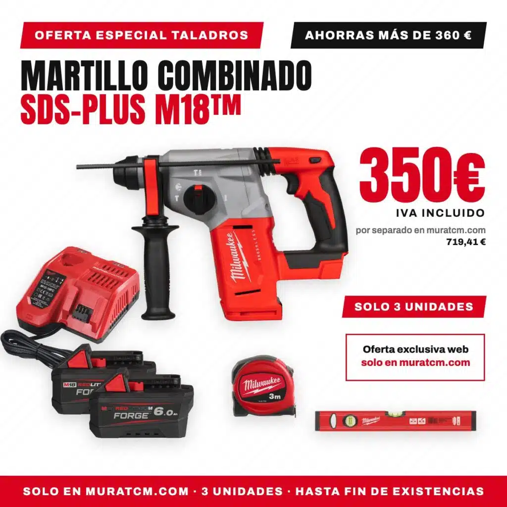 Oferta Especial Taladros Milwaukee: martillo combinado SDS-Plus M18, 2 baterías FORGE 6.0 Ah, cargador rápido, nivel Slim y flexómetro
