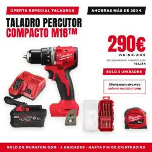 Oferta Especial Taladros Milwaukee: taladro percutor compacto M18, batería FORGE 6.0 Ah, cargador rápido, flexómetro y estuche de 8 brocas