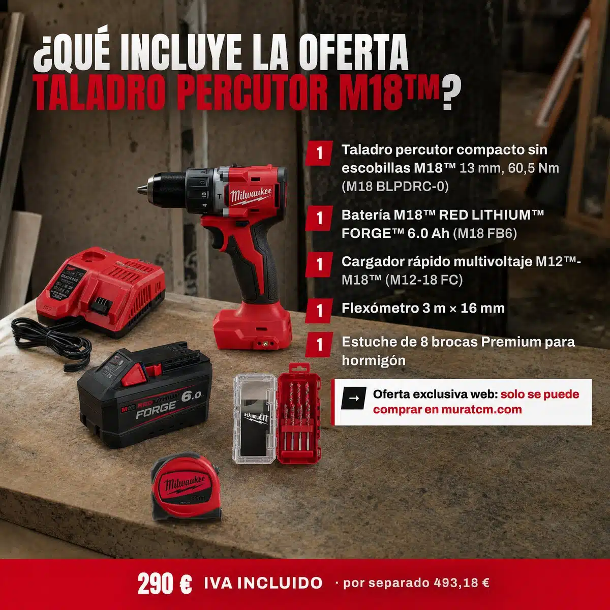 Oferta Especial Taladros: Taladro percutor compacto M18™ con batería FORGE™ 6.0 Ah 3 Oferta Taladro percutor compacto M18 en el banco de trabajo: taladro, batería FORGE 6.0 Ah, cargador, flexómetro y estuche de 8 brocas