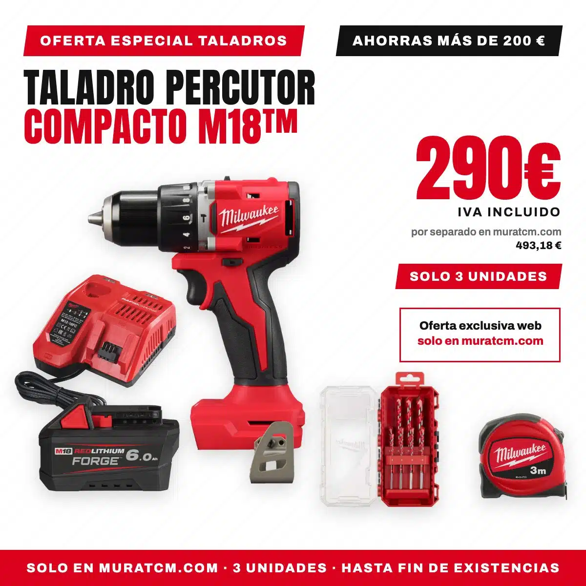 Oferta Especial Taladros: Taladro percutor compacto M18™ con batería FORGE™ 6.0 Ah 1 Oferta Especial Taladros Milwaukee: taladro percutor compacto M18, batería FORGE 6.0 Ah, cargador rápido, flexómetro y estuche de 8 brocas