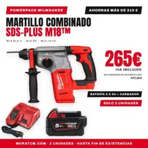 Powerpack Milwaukee: martillo combinado SDS-Plus M18 BLH-0 con batería M18 B5 de 5 Ah y cargador rápido M12-18 FC