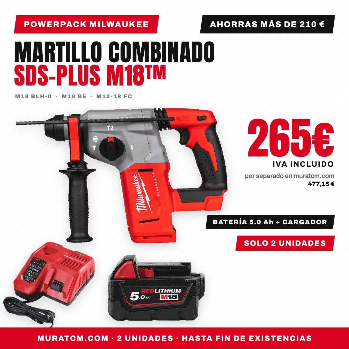 Powerpack Milwaukee: Martillo combinado SDS-Plus M18 BLH-0 con batería de 5 Ah y cargador